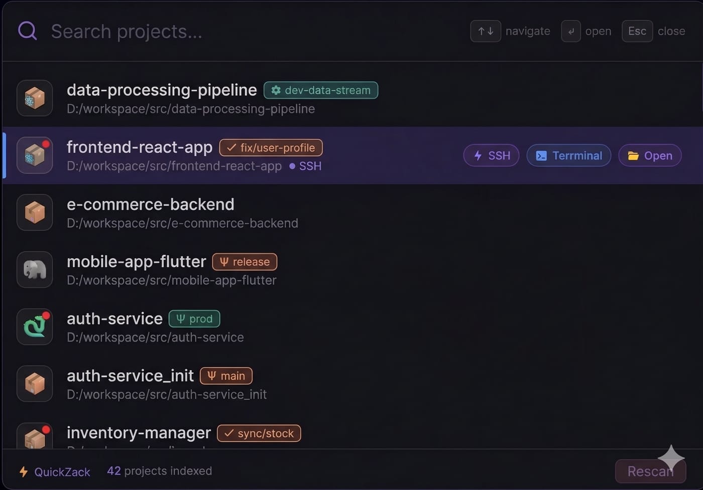 QuickZack project launcher showing a searchable list of projects with Git branch badges and SSH, Terminal and Open actions